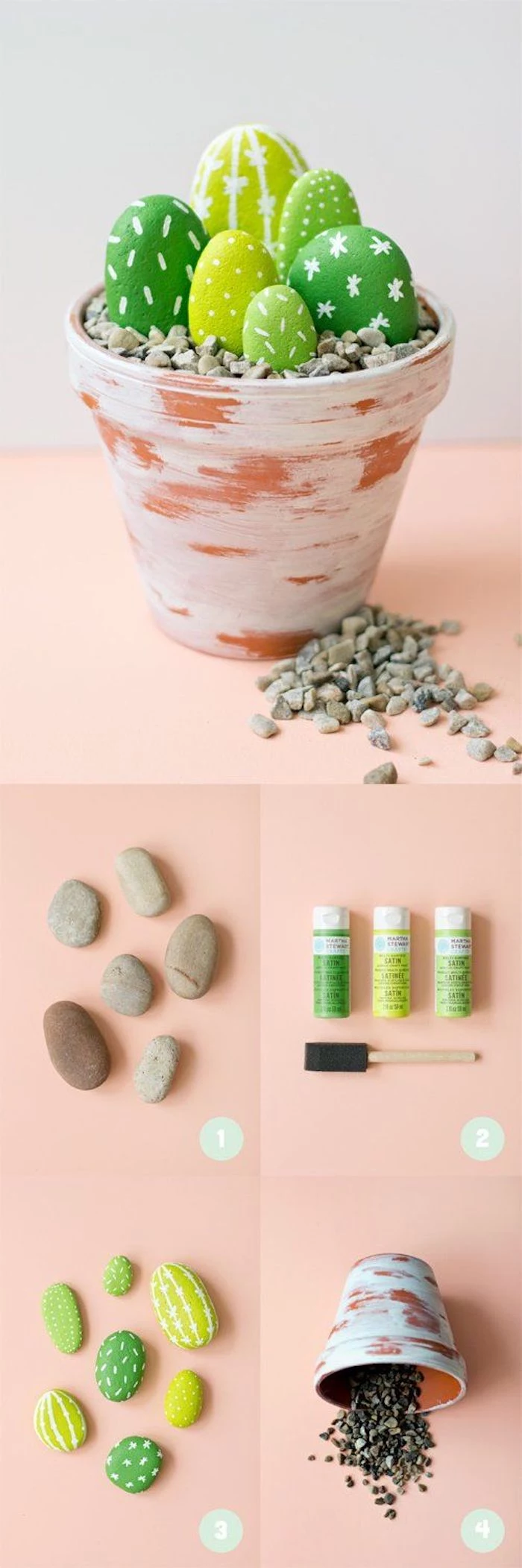 ceramic pot, green cactuses, made of rocks, arts and crafts for toddlers, step by step, diy tutorial