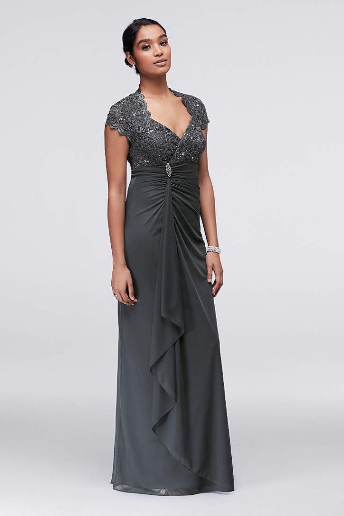 dark grey dress, lace top, chiffon skirt, black hair, in a low updo, mother of the bride evening dresses