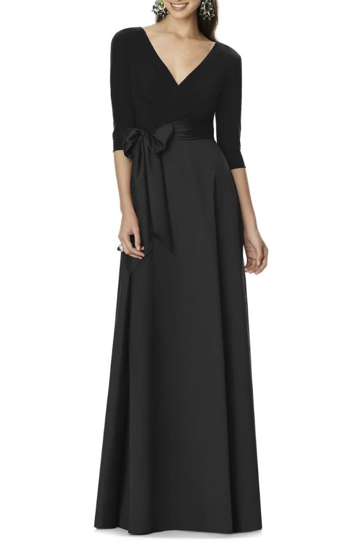 mother of the bride evening dresses, black satin, v neckline, satin bow, white background