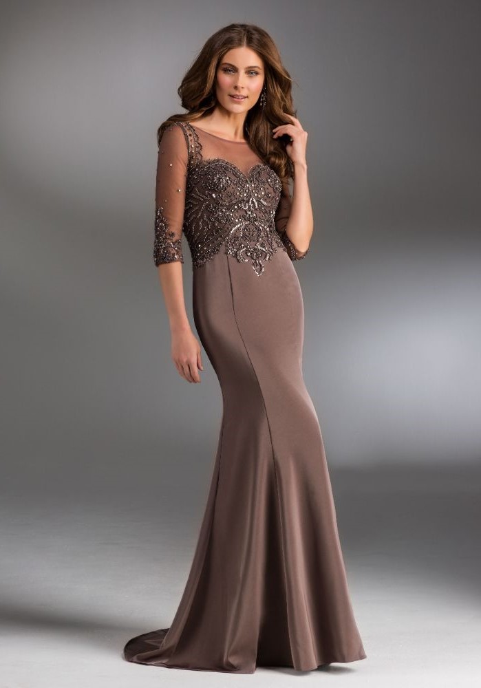 petite mother of the bride dresses, champagne dress, satin skirt, lace and tulle top, brown wavy hair