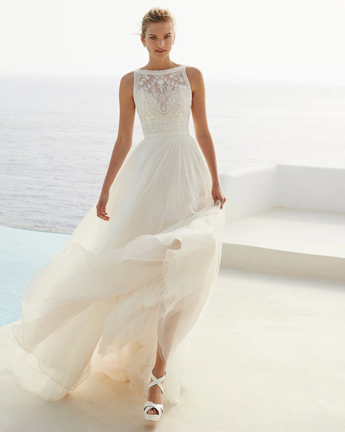 simple beach wedding dresses, long white dress, made of chiffon and lace, white sandals