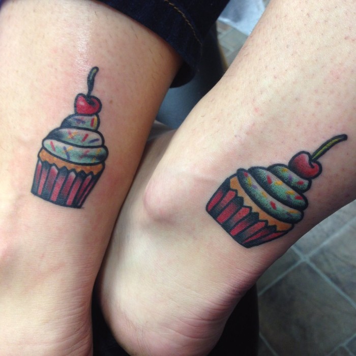 coloured cupcaked, matching friend tattoos, cherries on top, ankle tattoos, tiled floor