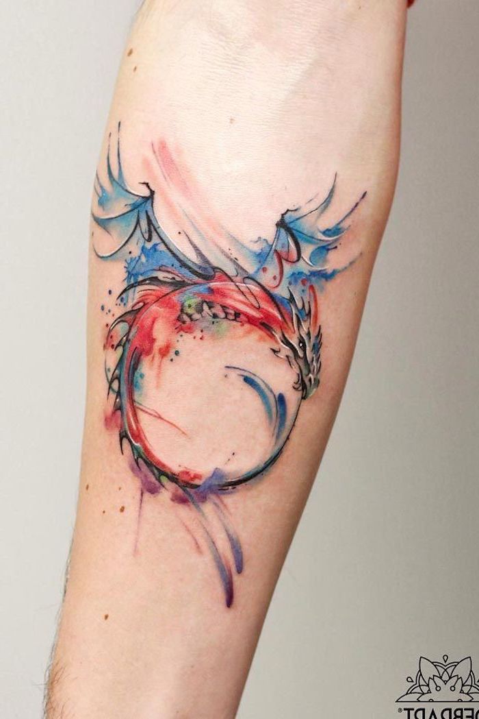 colorful dragon, forearm tattoo, floral tattoos, white background
