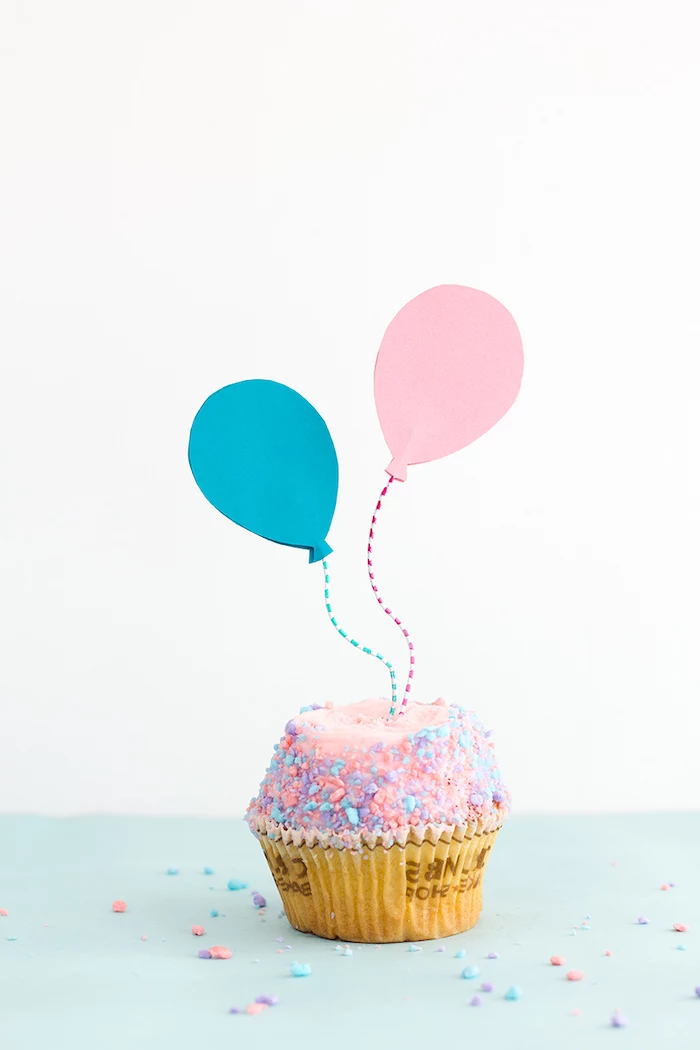 pink and blue balloon, cake toppers, colourful sprinkled cupcake, birthday themes, diy tutorial