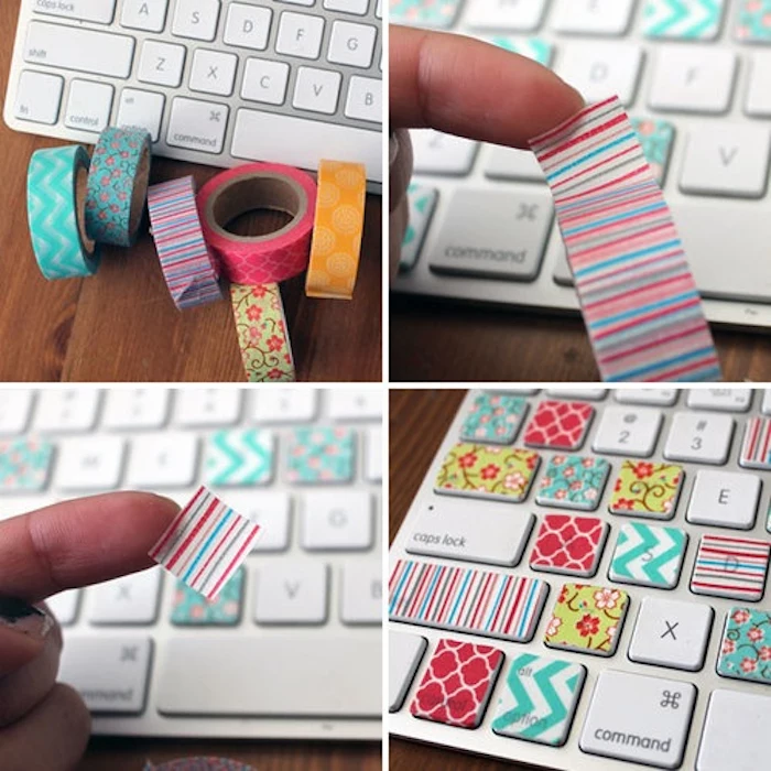 colourful washi tape, stuck to keyboard buttons, arts and crafts for toddlers, wooden table