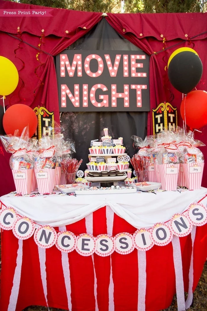 movie night, concessions stand, birthday party ideas for teens, cupcakes and popcorn 