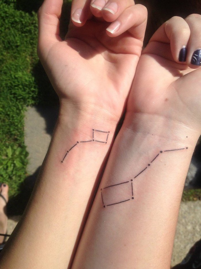 star constellations, wrist tattoos, mother daughter tattoos, purple nail polish