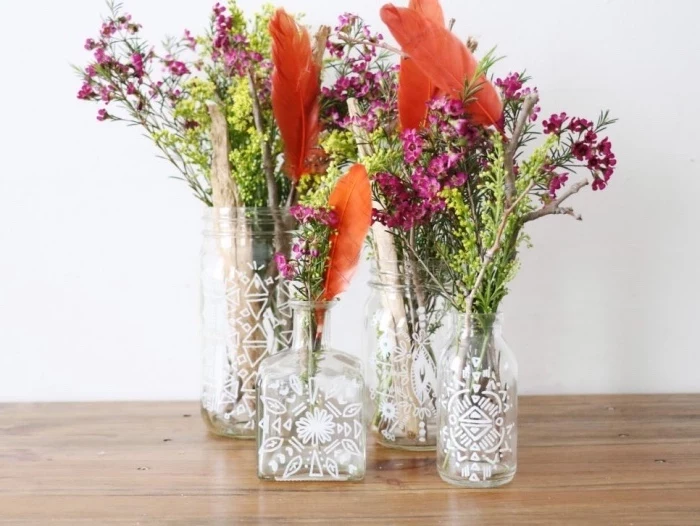 glass bottles and jars, painted in white, diys for girls, colourful flower bouquets, wooden table