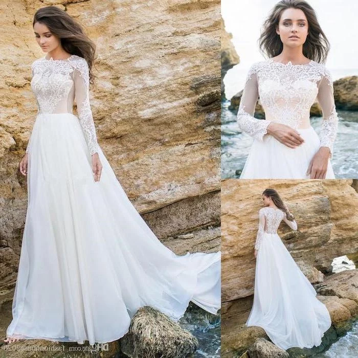 side by side photos, woman standing on rocks, long sleeve bridal gowns, wavy long brown hair