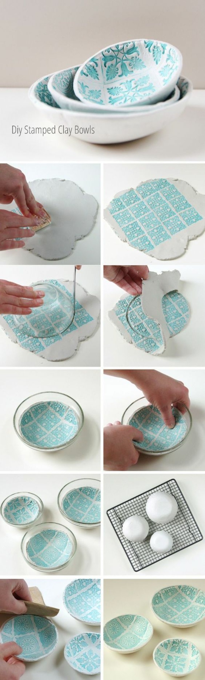 stamped clay bowls, step by step, diy tutorial, crafts to make and sell, turquoise print