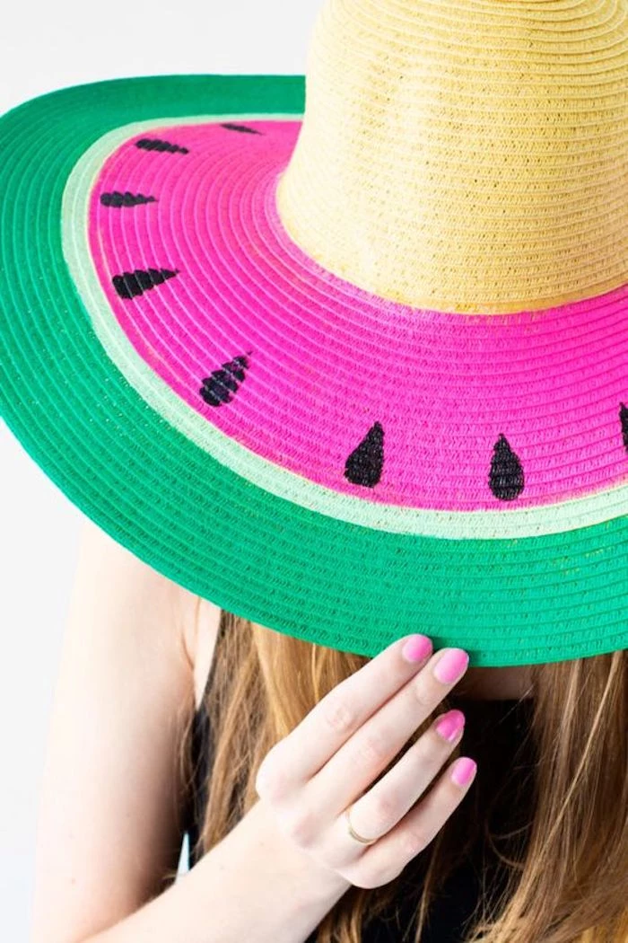 diys for girls, straw hat, painted as a watermelon, pink nail polish