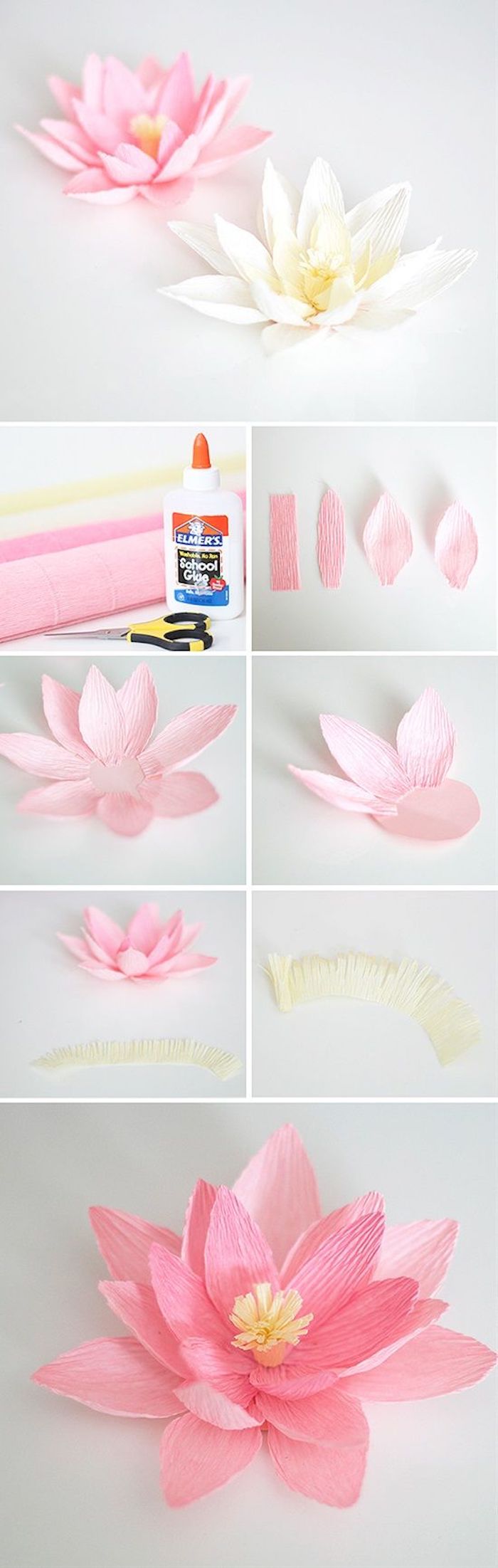 pink and white, lotus flowers, made of crepe paper, diys for girls, step by step, diy tutorial