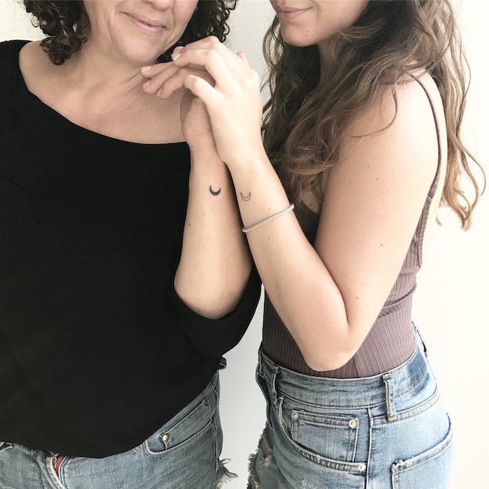 crescent moon, wrist tattoos, mother and daughter tattoos, intertwined hands