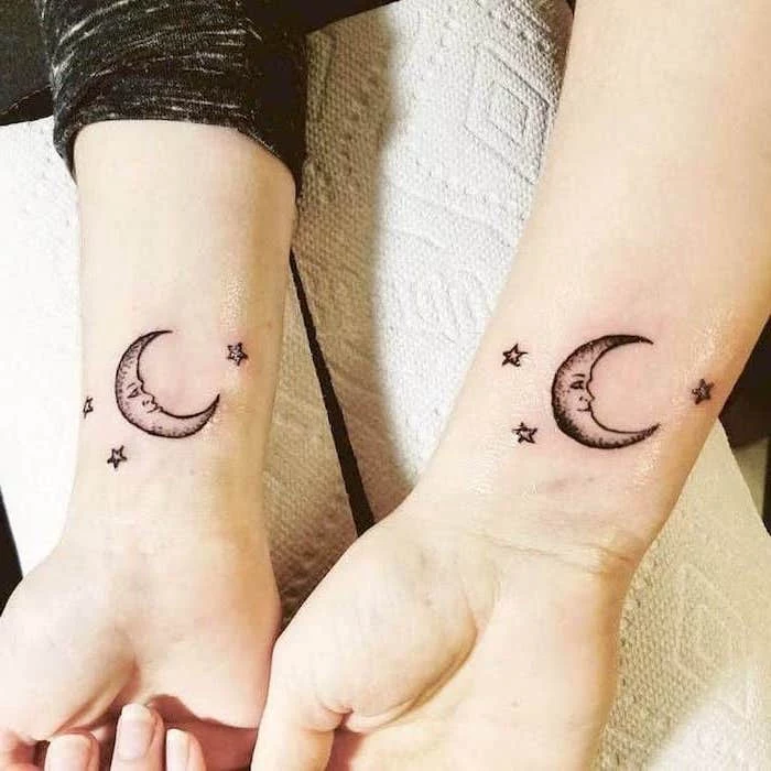 crescent moon and stars, wrist tattoos, mother daughter tattoo ideas, white paper