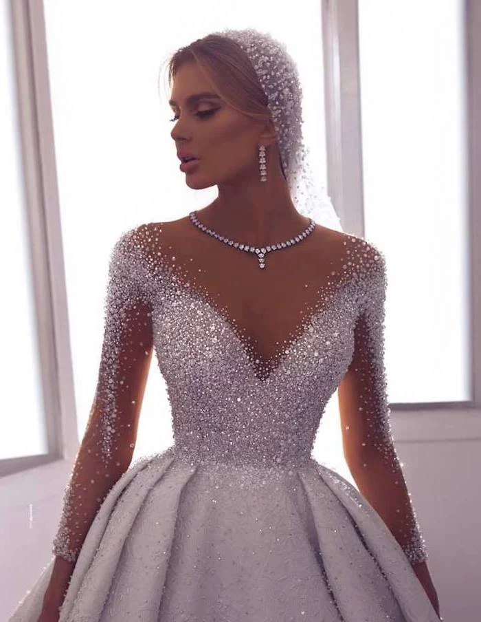 diamond necklace and earrings, crystal top and sleeves, long sleeve bridal gowns