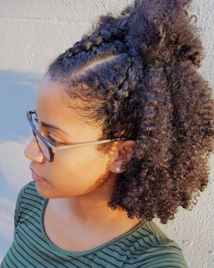 braided hair, in a ponytail, very curly, short hairstyles for black girls, green blouse