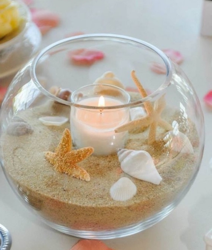 glass aquarium, filled with beach sand, seashells and stars, candle holder, diys for girls