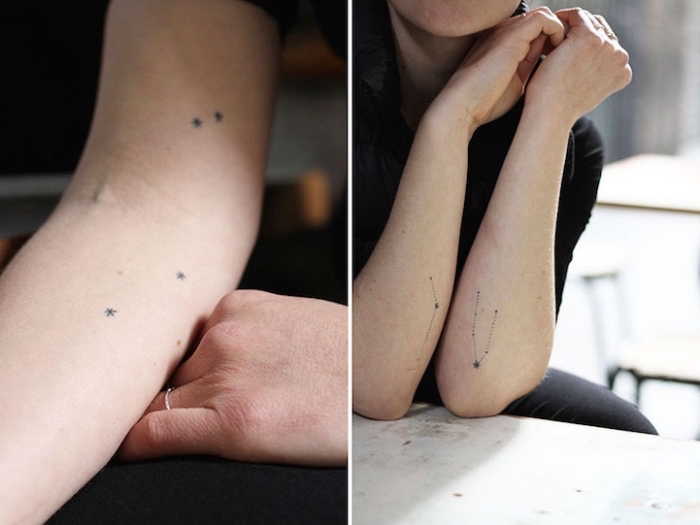 stars and constellations, arm tattoos, side by side photos, cute tattoos for girls, photo collage