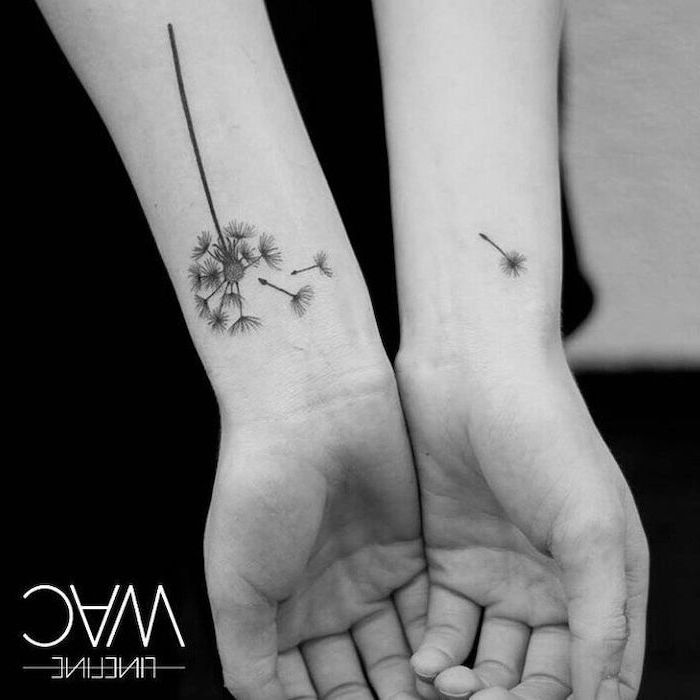 dandelion seeds, black and white photo, mother daughter tattoo ideas, wrist tattoos