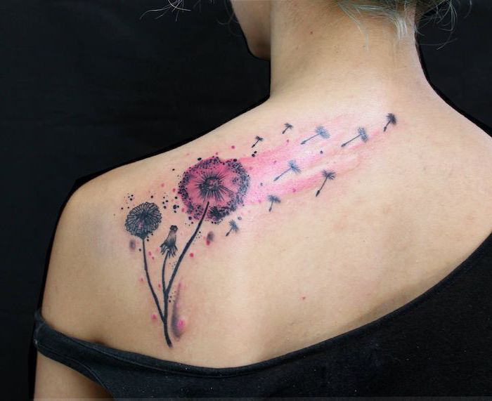 two dandelions, watercolor shoulder tattoo, orchid flower tattoo, black top