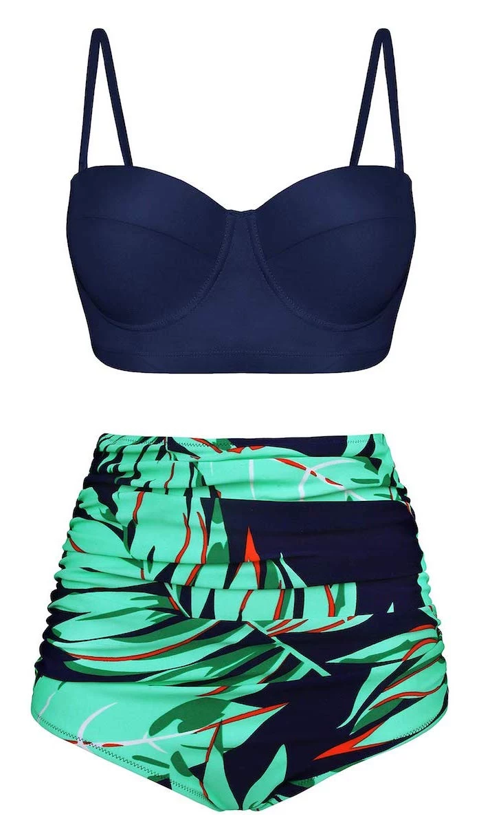 two piece, dark blue top, green palm leave print, high waisted bottom, girls bathing suits, white background