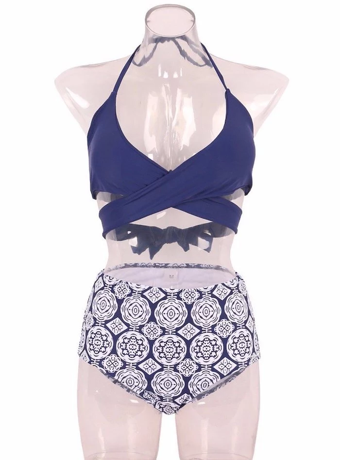 dark blue wrap around top, printed high waisted bottom, two piece, toddler girl bathing suits, white mannequin