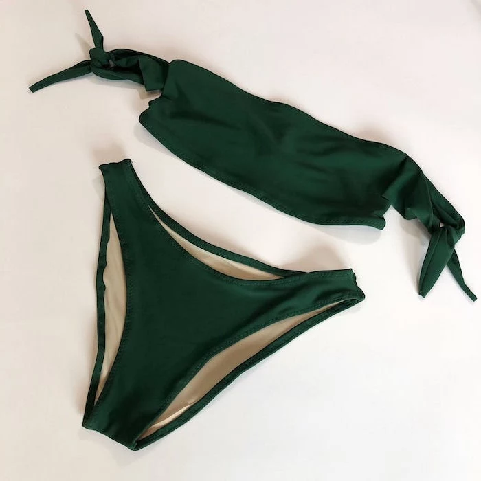 bathing suits for teen girls, dark green, two piece, off the shoulder top, high waisted bottom