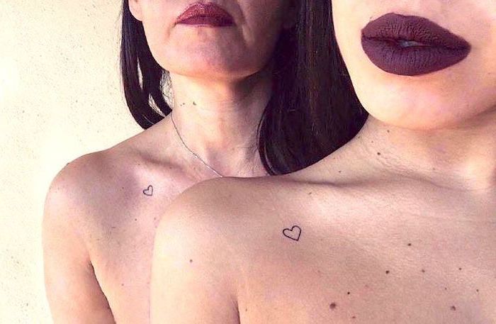 dark purple lipstick, heart outlines, shoulder tattoos, matching mom and daughter tattoos