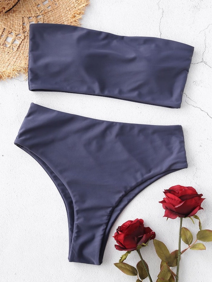dark purple, two piece, bathing suits for teen girls, strapless top, high waisted bottom, red roses