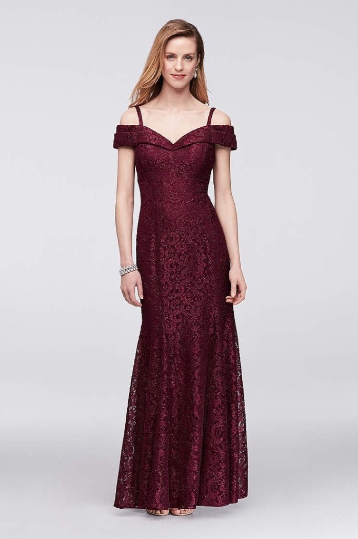 red burgundy, long lace dress, mother of the bride tea length, off the shoulder neckline, blonde wavy hair