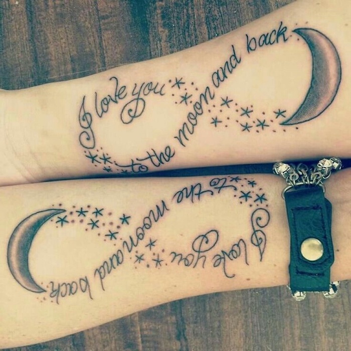 matching mom and daughter tattoos, infinity symbols, i love you to the moon and back, forearm tattoos