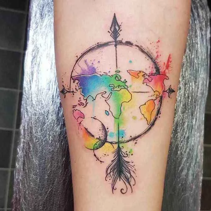 map of the world, inside a compass, orchid flower tattoo, watercolour tattoo