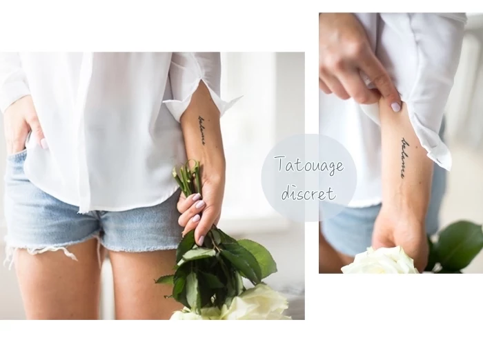 discreet tattoo, denim short, white shirt, white roses flower bouquet, wrist tattoo