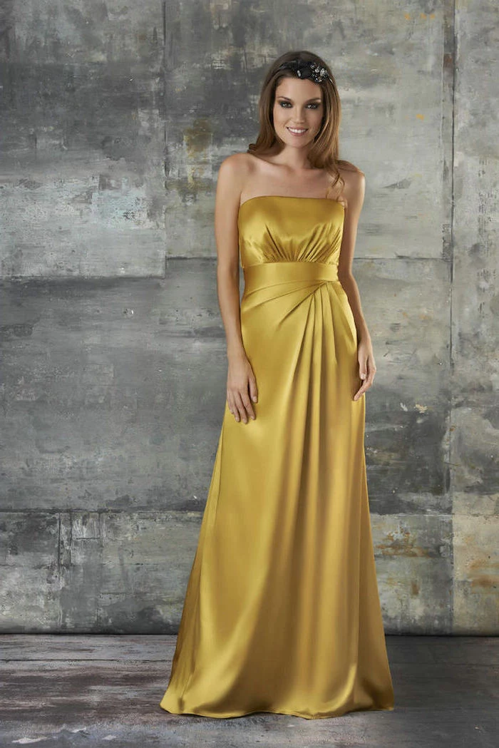strapless satin gold dress, brown wavy hair, beaded bridesmaid dresses