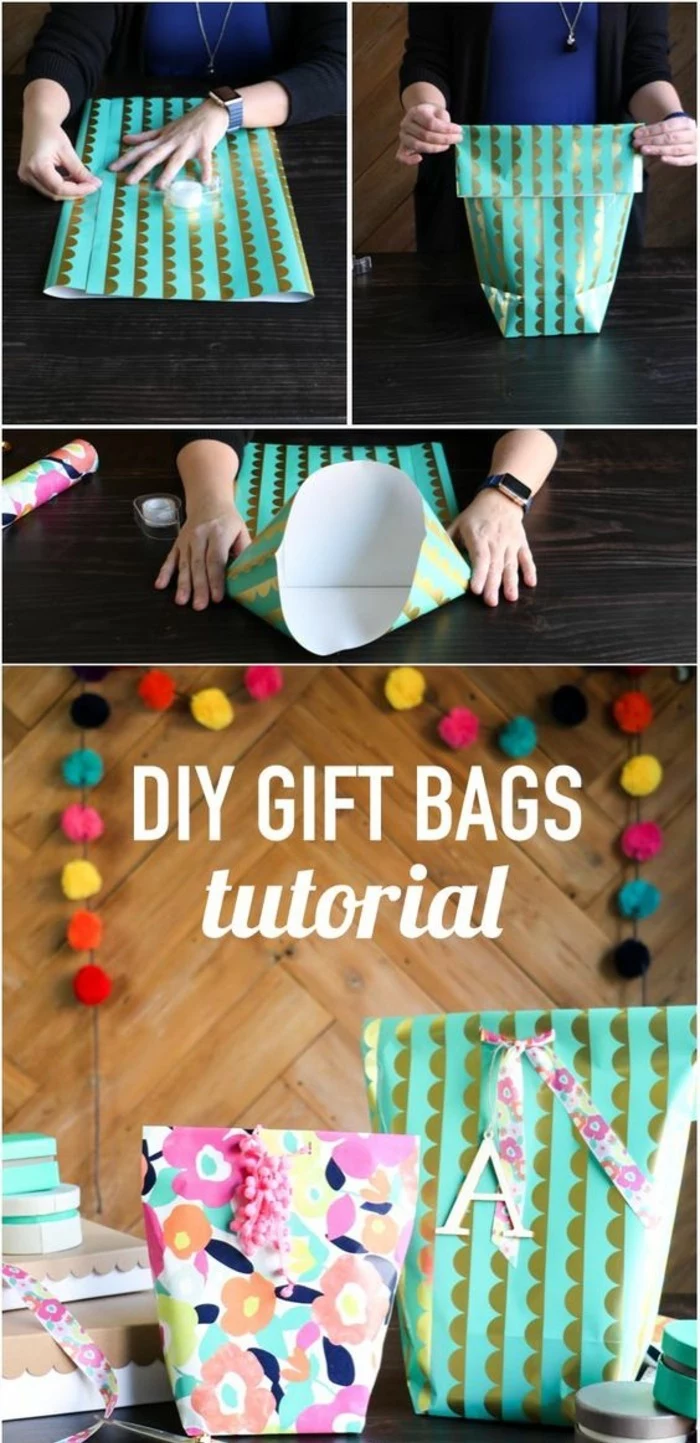 gift bags, diy tutorial, diys for girls, step by step, colourful paper, pom pom garland