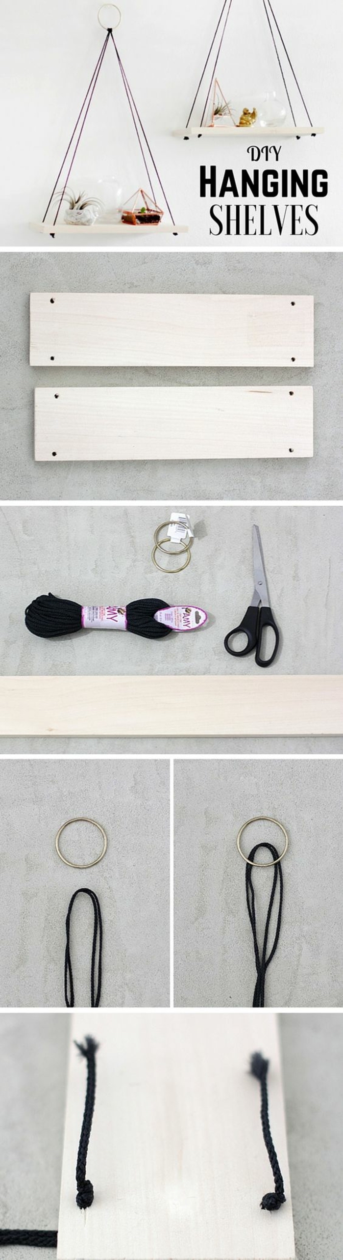 hanging shelves, black yarn, wooden boards, diys for girls, step by step tutorial