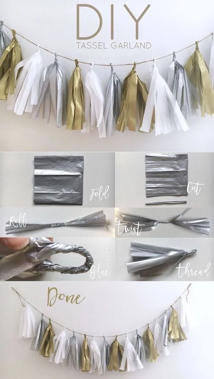diy tassel garland, in silver gold and white, 18th birthday party ideas, step by step tutorial