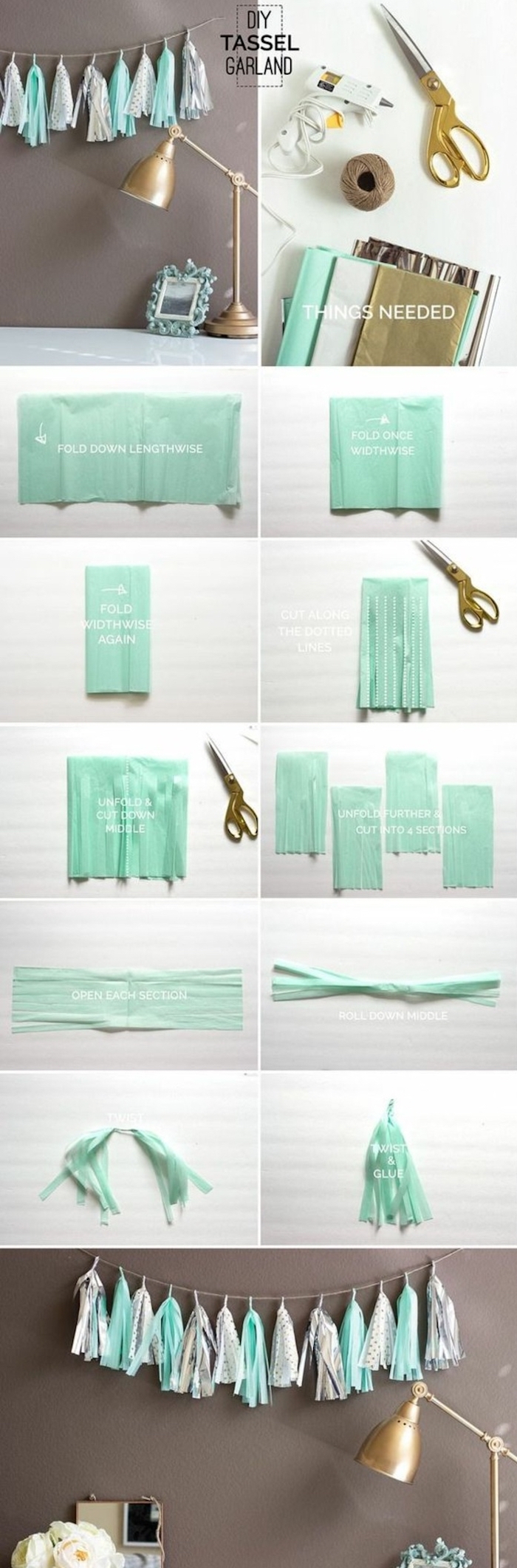 tassel garland, cool diy projects, step by step, diy tutorial, turquoise and grey paper