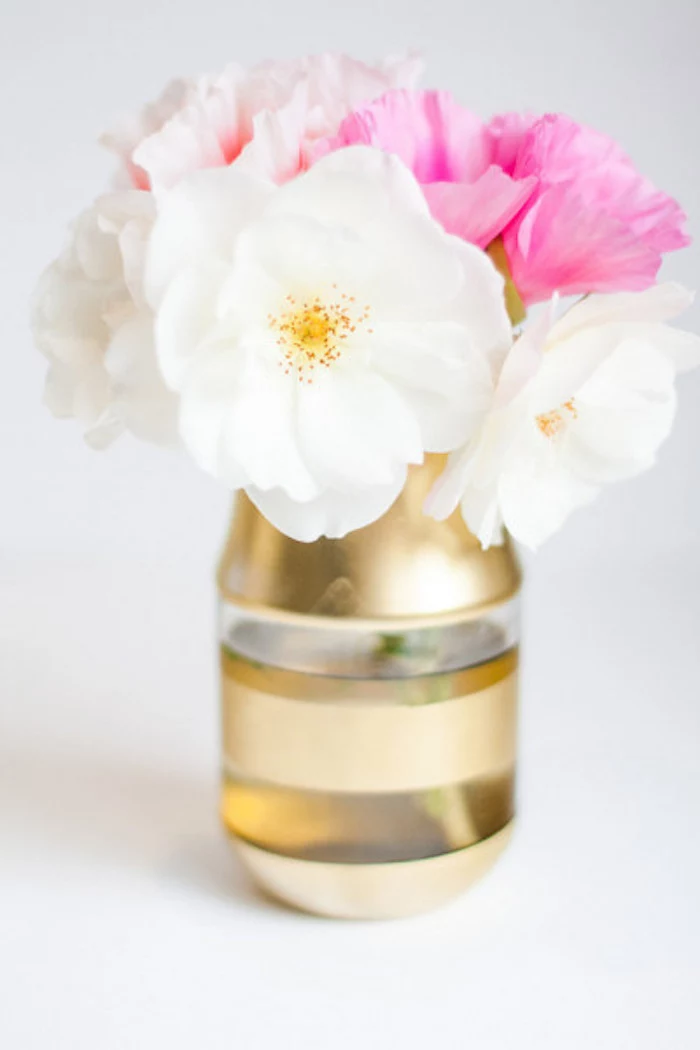 cute diys, white and pink, flower bouquet, mason jar vase, painted in gold, white background