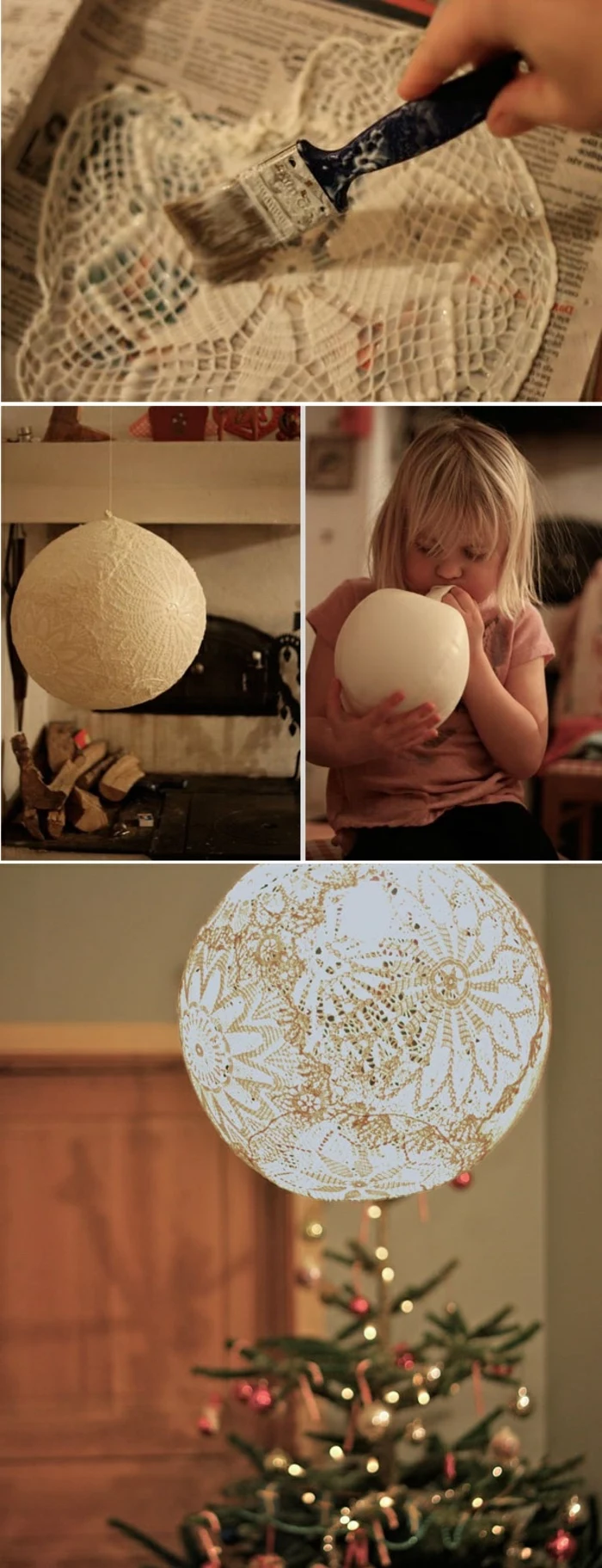 lamp shade, over a christmas tree, girl blowing up a balloon, cool diy projects