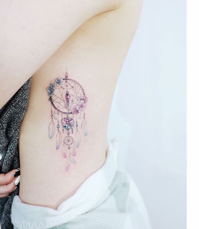watercolor dreamcatcher, floral tattoos, rib cage tattoo, white background