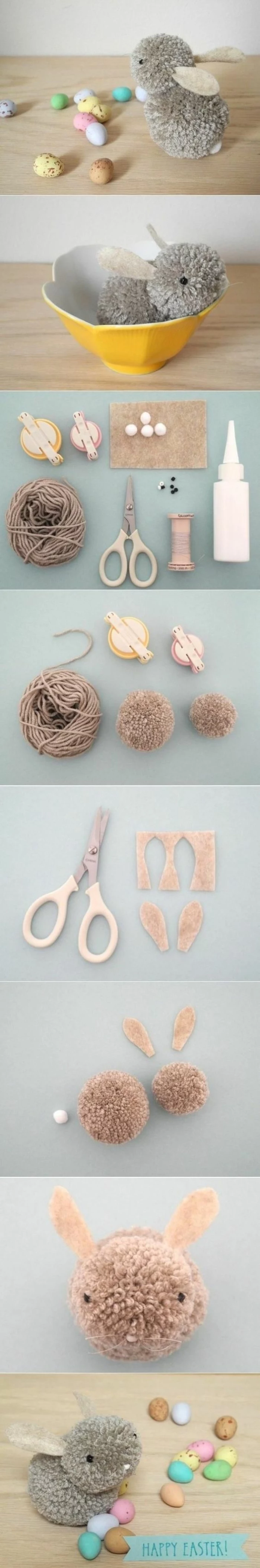 easter decoration, small bunny, made of grey yarn, cool diy projects, step by step tutorial