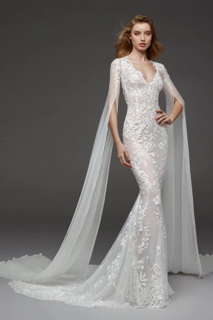 blonde wavy hair, long sleeve bridal gowns, extra long chiffon sleeves, lace dress