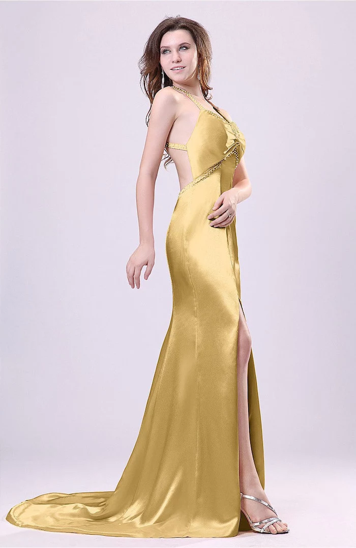 gold satin long dress, with slit, silver sandals, beaded bridesmaid dresses, brown wavy hair