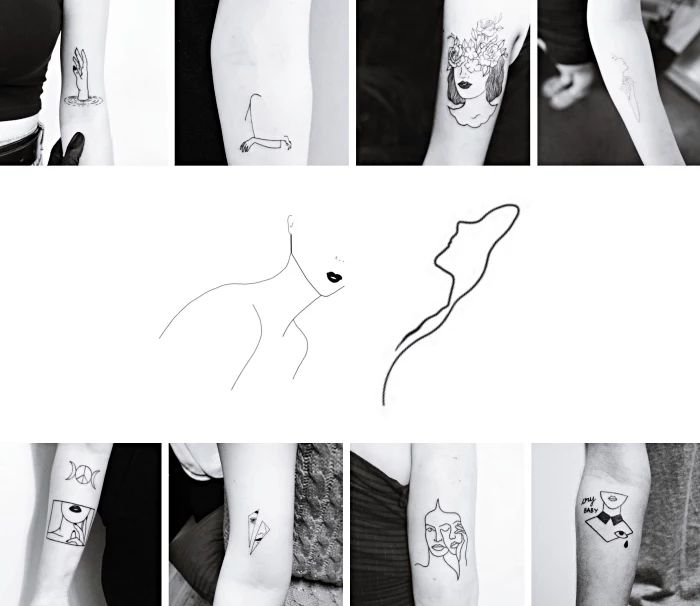 female silhouettes, black and white photos, photo collage, key tattoos