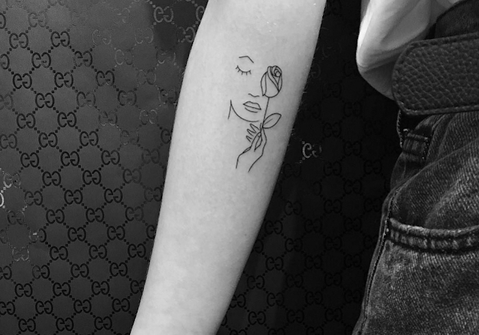 female face with rose, forearm tattoo, tiny tattoos, black wallpaper, black and white photo