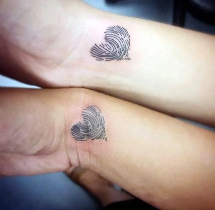 fingerprint hearts, wrist tattoos, matching tattoo ideas, side by side arms