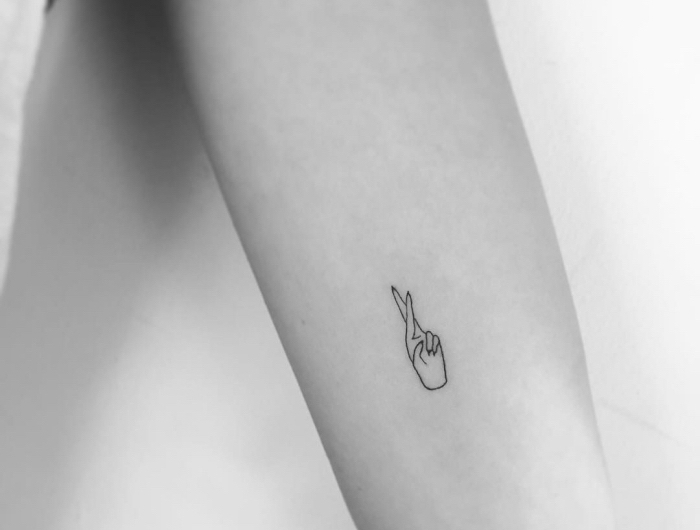 fingers crossed, inside arm tattoo, cute little tattoos, black and white photo