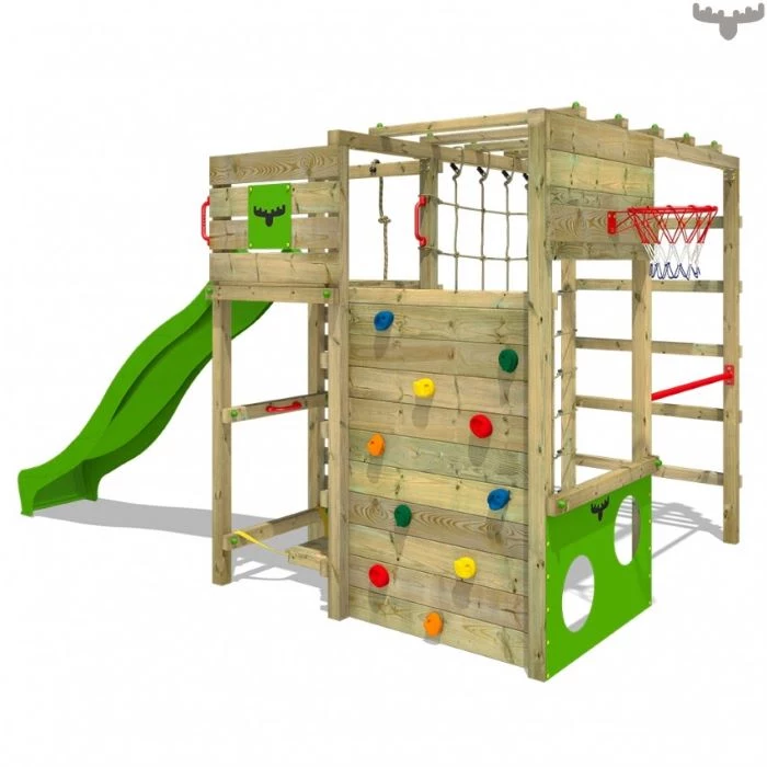 climbing frame, with diffrent activities, green slide, climbing wall, basketball hoop