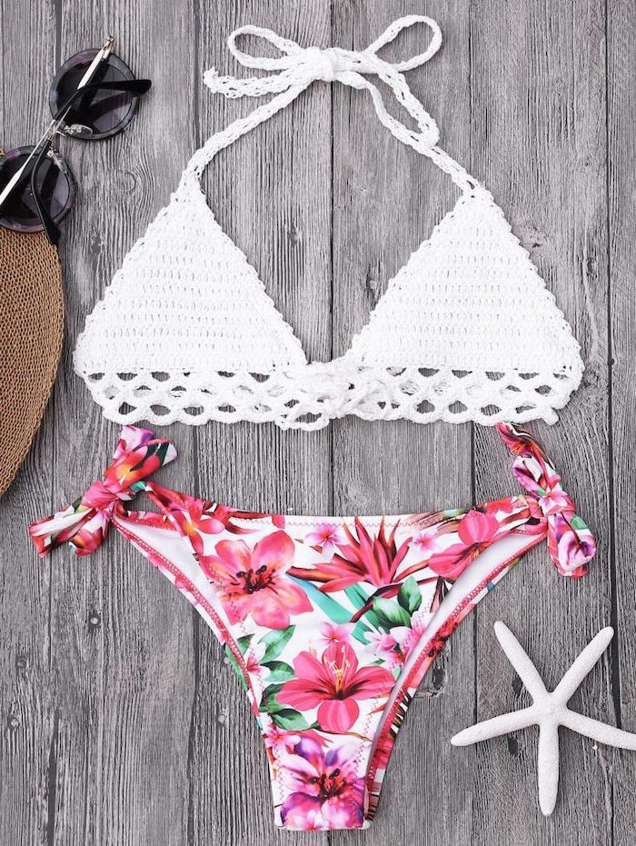 white knitted top, floral print bottom, bathing suits for teen girls, wooden background, two piece
